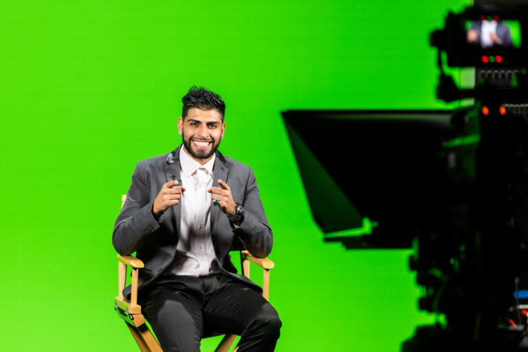 ACCTV Student Beat host Khalil Khalifa poses for a portrait during the taping of the television show on Thursday, November 9, 2023, inside Studio B at Highland Campus.